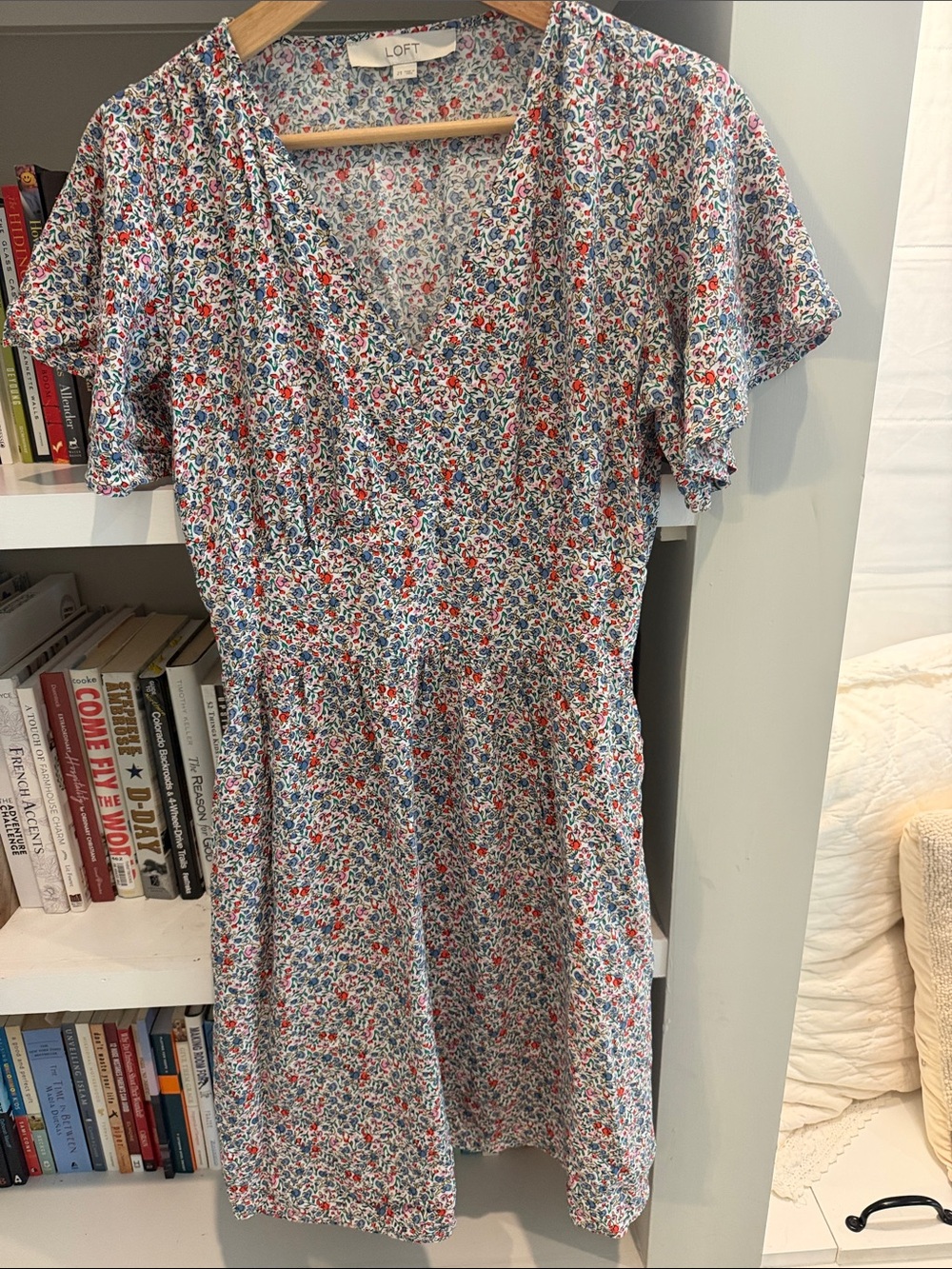 LOFT Red and Blue Floral V-Neck Mini Dress